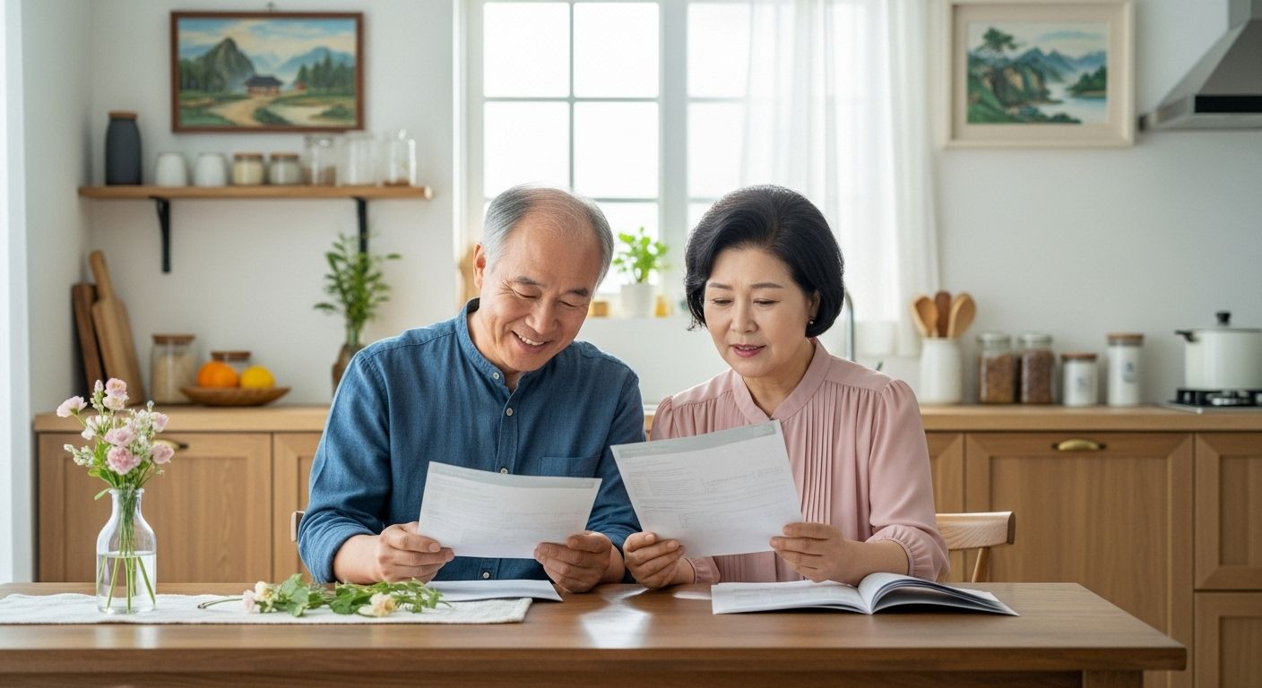 건강검진 예약 안내문을 읽고있는 노부부