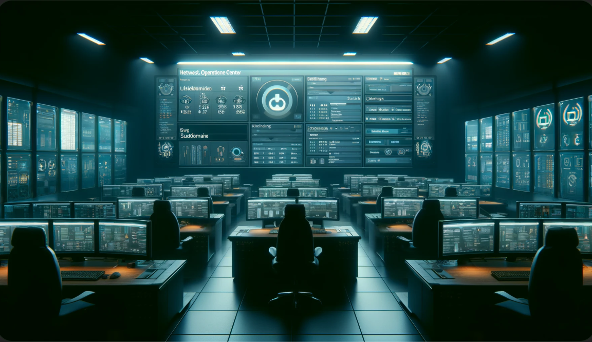Data center with server racks and a display of subdomain statuses.
