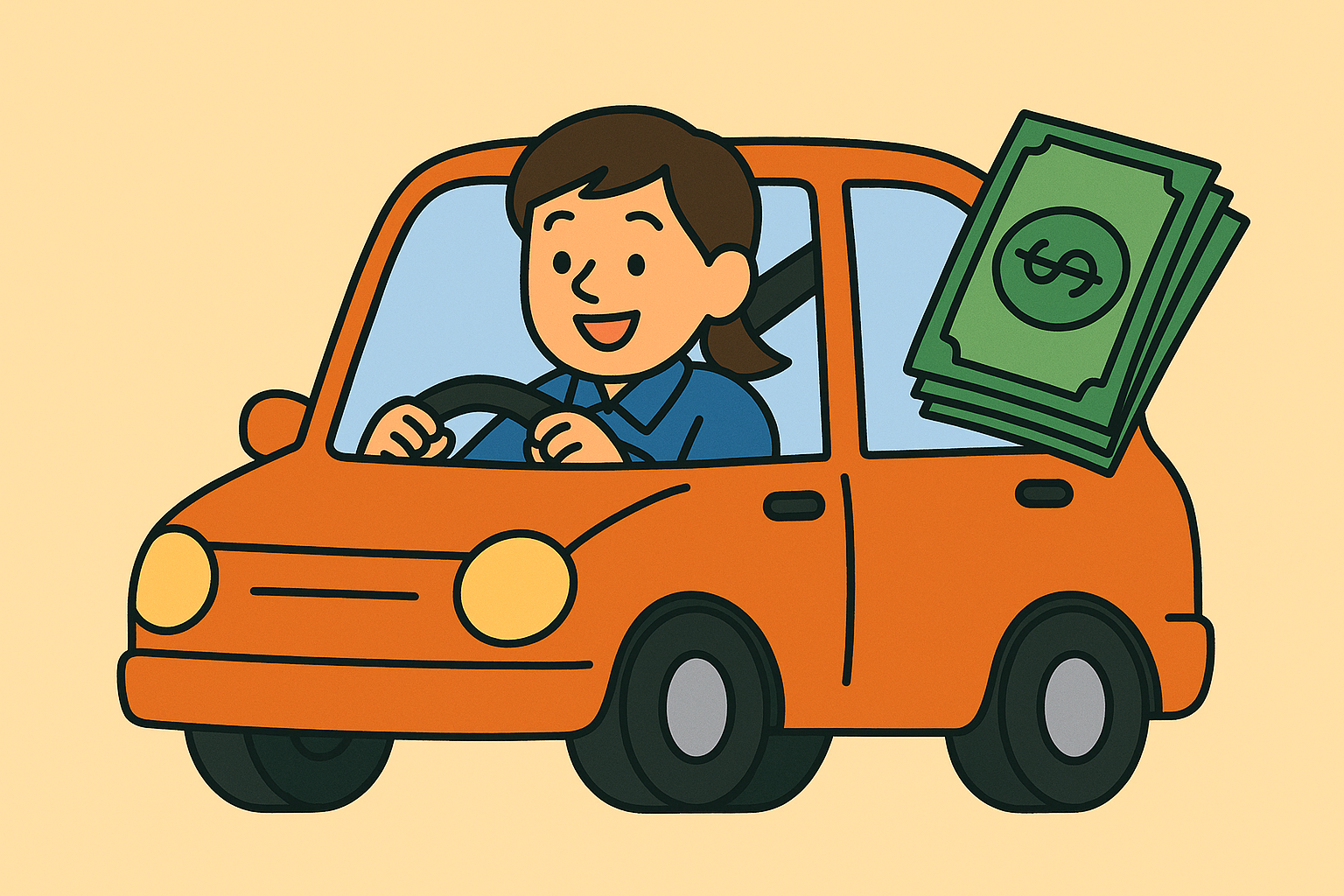 밝은 배경 속에서 주황색 자동차를 운전 중인 여성이 미소 짓고 있으며, 차량 옆에는 지폐 이미지가 함께 있는 귀여운 일러스트. 직업훈련 수강자의 교통비 지원을 상징적으로 표현한 장면.