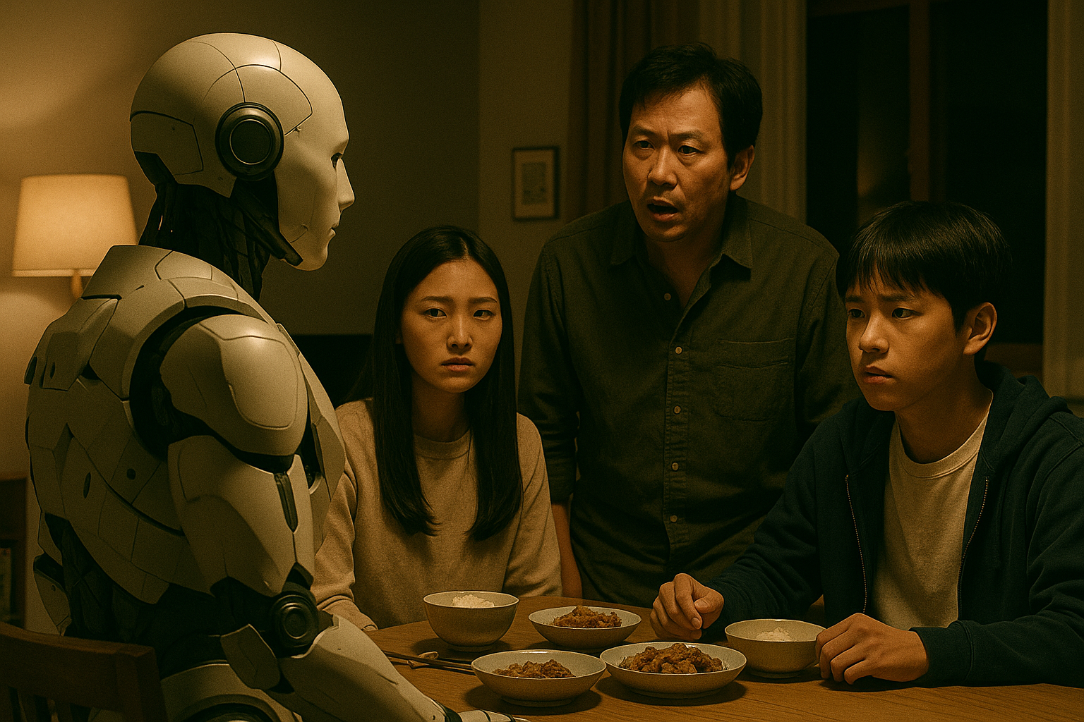 인공지능 로봇과 인간 가족의 갈등을 다룬 한국 SF 영화 장면
