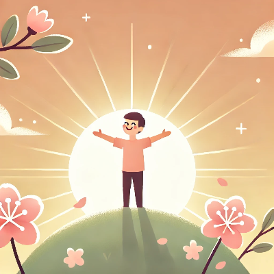 밝은 해가 떠오르는 배경과 함께 새출발을 상징