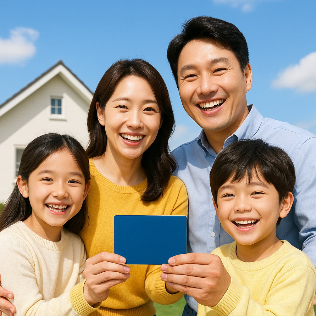 가족이 행복지킴이통장을 들고 웃는 모습, 근로장려금 신청 안내 배너, 푸른 하늘과 집 배경.