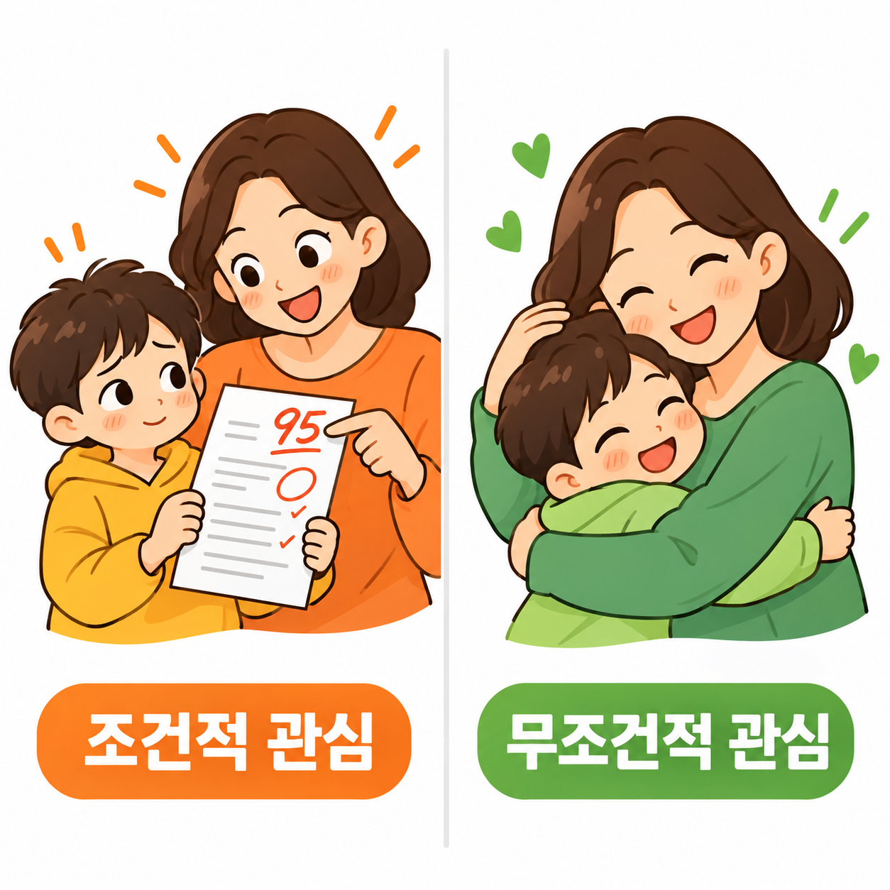 시험지 점수에만 웃는 부모와 조건 없이 아이를 안아 주는 부모를 비교한 그림