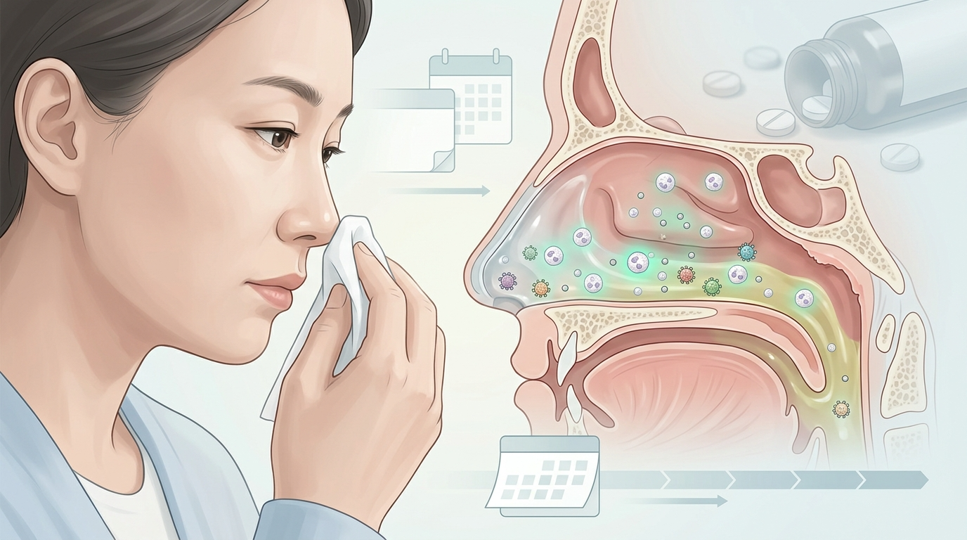 "노란 콧물 = 세균 감염"이라는 흔한 오해를 바로잡는 과학적 교육 이미지