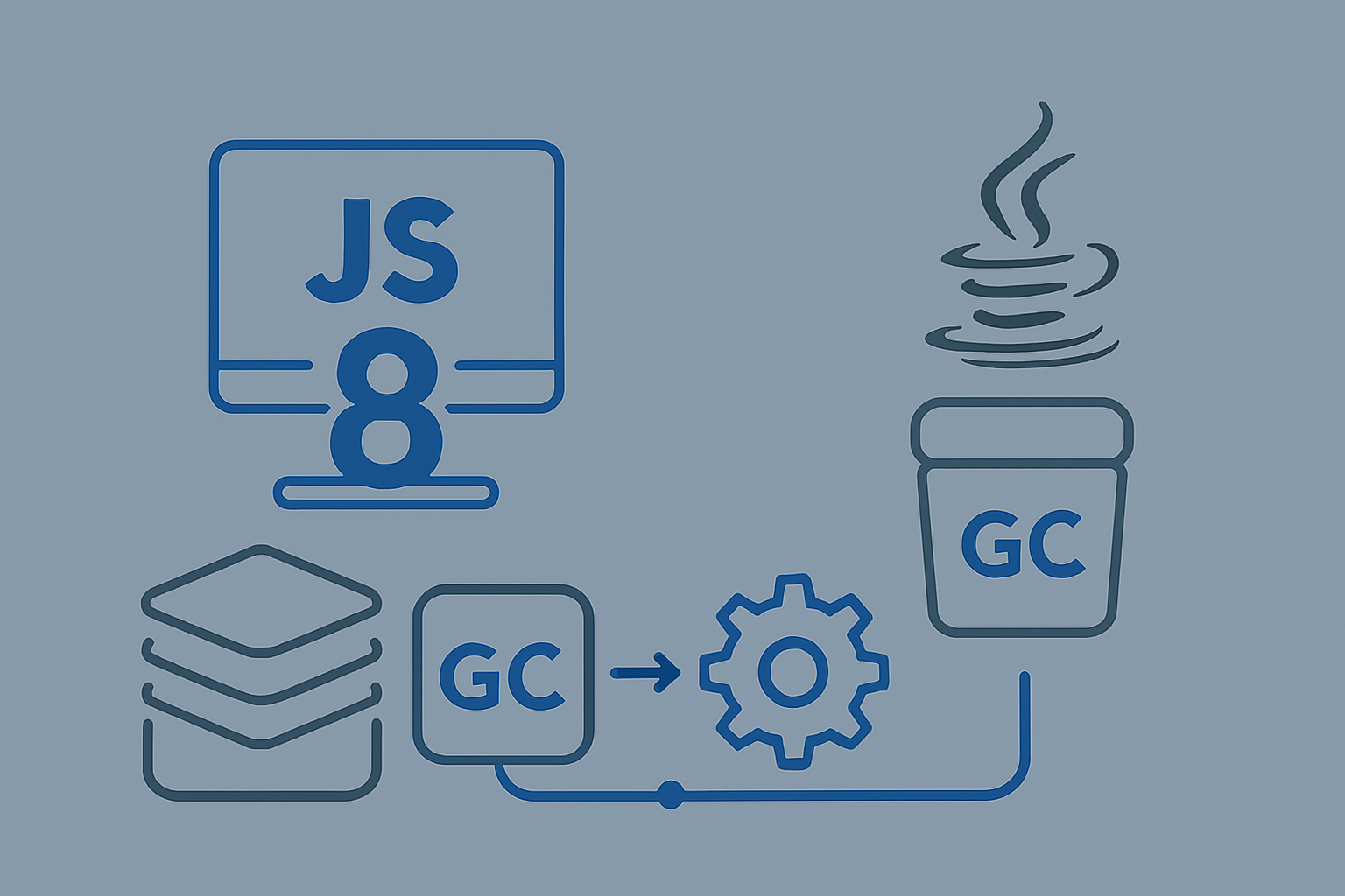 V8과 JVM의 힙 구조 및 GC 방식 차이를 시각적 계층 구조로 표현한 일러스트