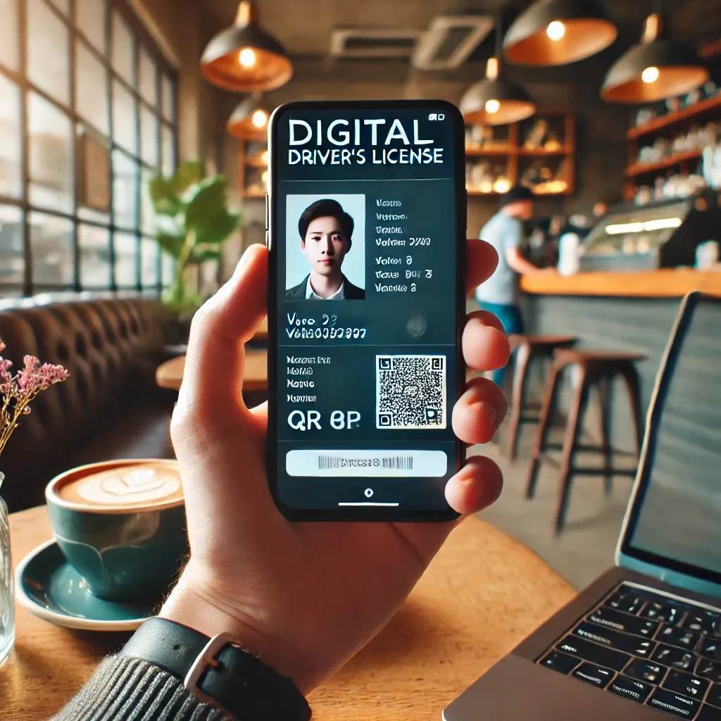 커피숍에서 스마트폰으로 디지털 운전면허증을 보여주는 장면, 배경에는 커피와 노트북이 놓여 있음.
