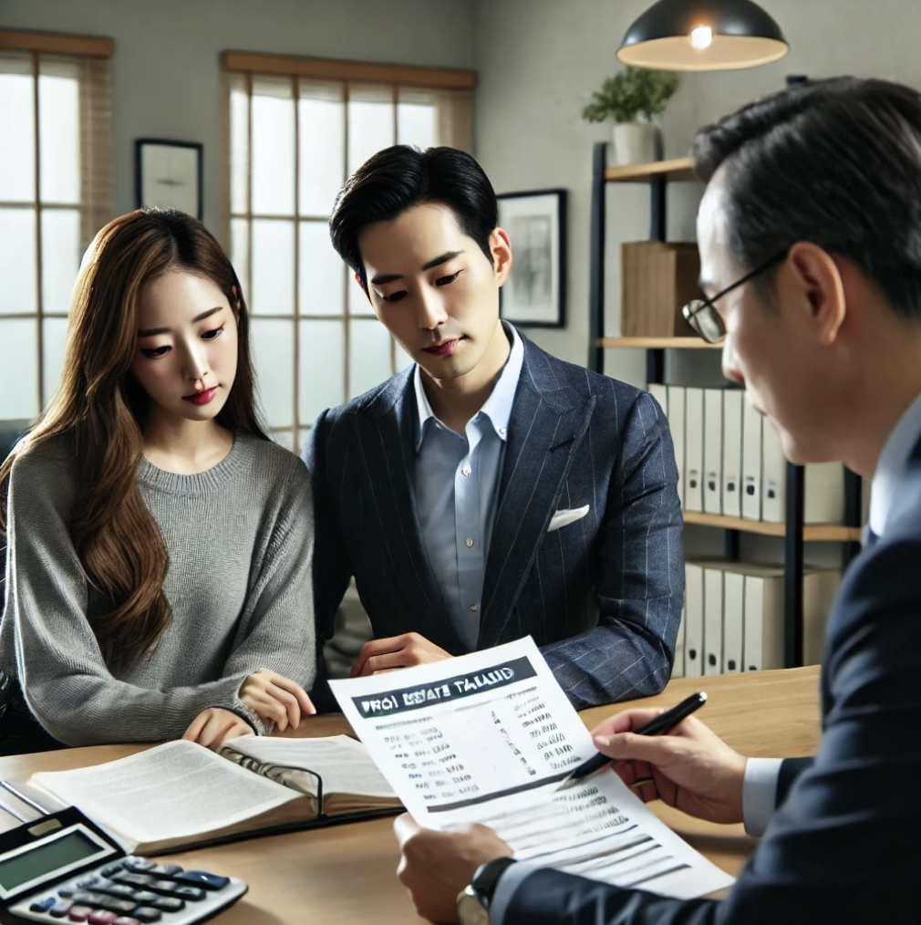 부동산 거래를 앞둔 부부가 재정 전문가와 세금 문제를 논의하는 장면