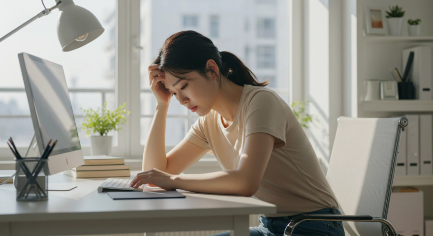 일에 몰두하려 하지만 집중하지 못하는 한국인 여성