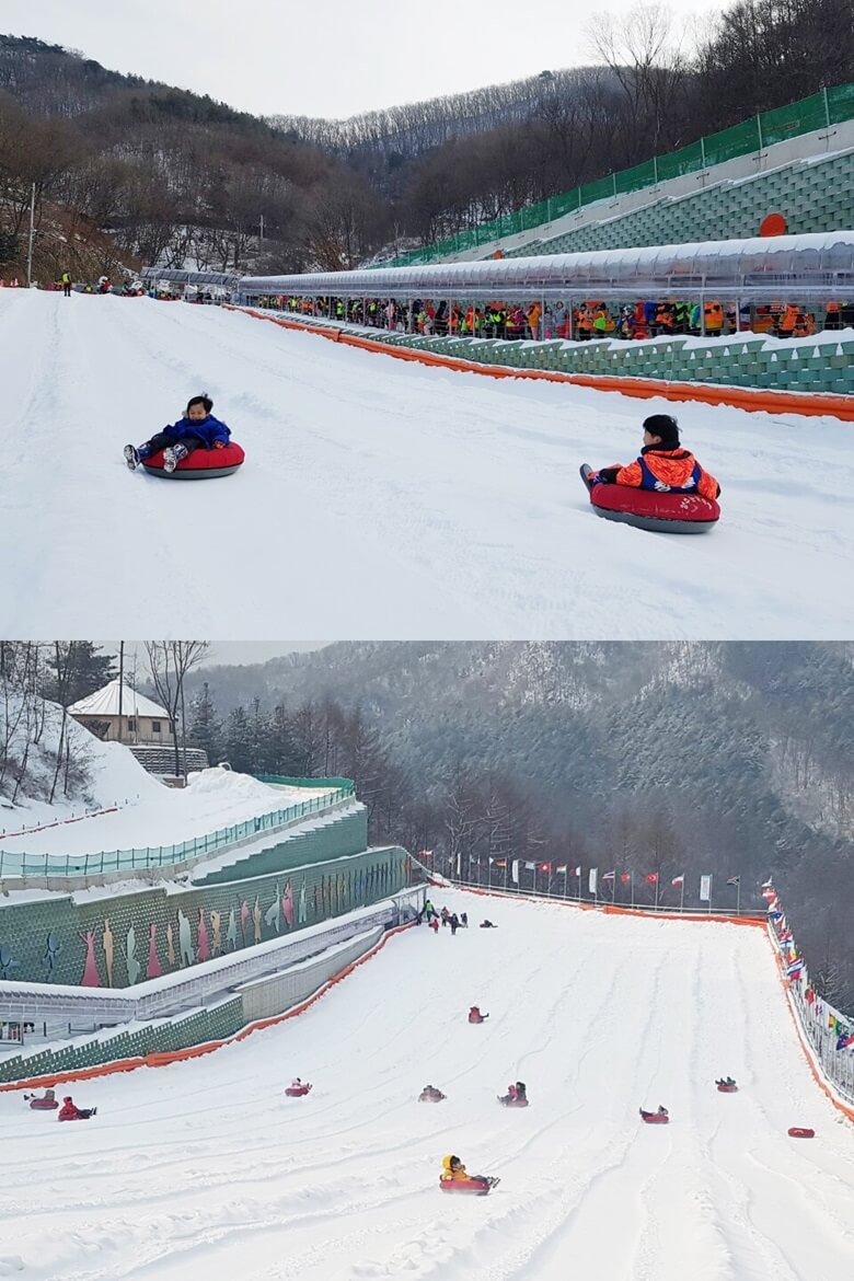 상단사진은 눈썰매장 슬로프 중간지점까지 내려온 두 남자아이가 신나하고 있는 모습이며 하단사진은 10명의 아이들이 200M 슬로프에서 내려오는 모습으로 중간에 썰매에서 떨어진 아이도 보이는 눈썰매장 전경