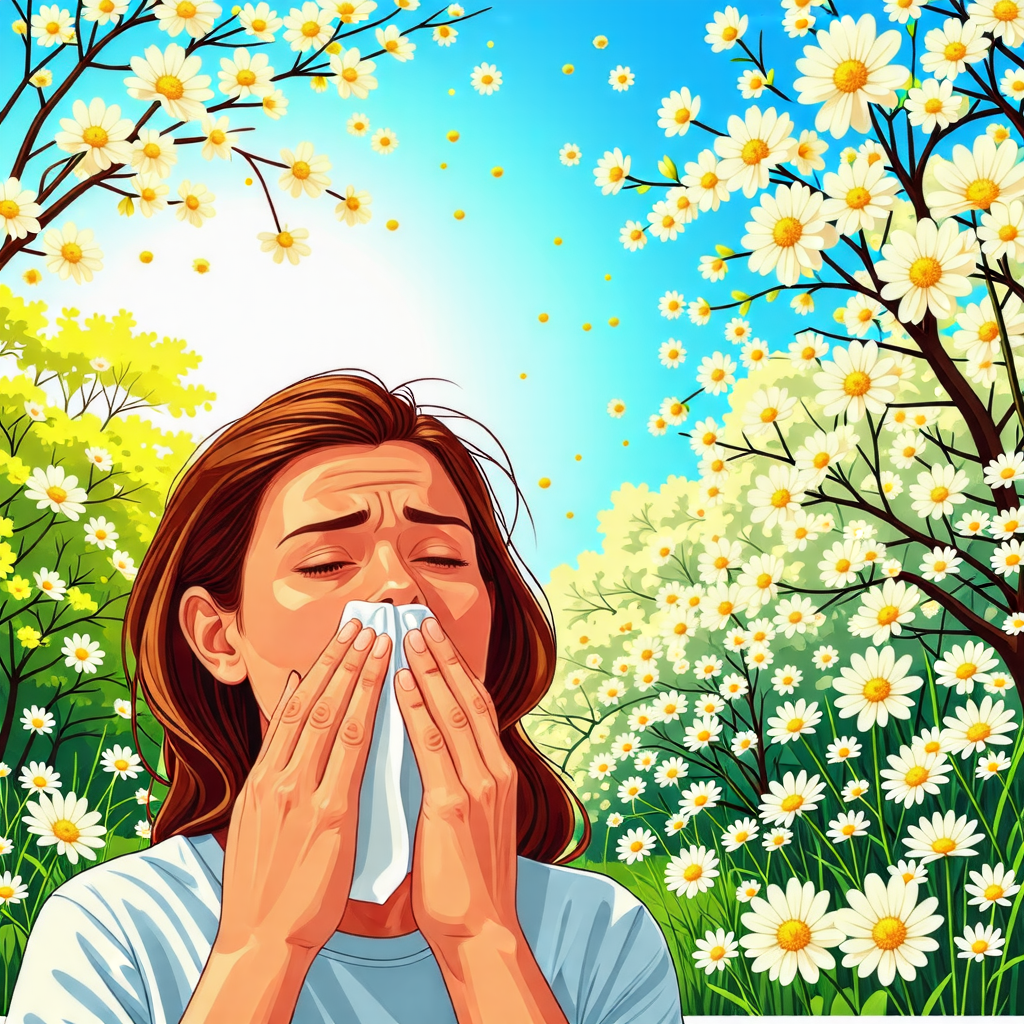 꽃가루로 비염 증상을 보이는 여자 이미지