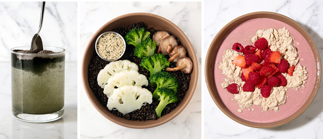 브라이언 존슨이 매일 마시는 음료와 음식인 그린 자이언트(Green Giant), 슈퍼 베지(Super Veggie), 너티 푸딩(Nutty Pudding)의 사진