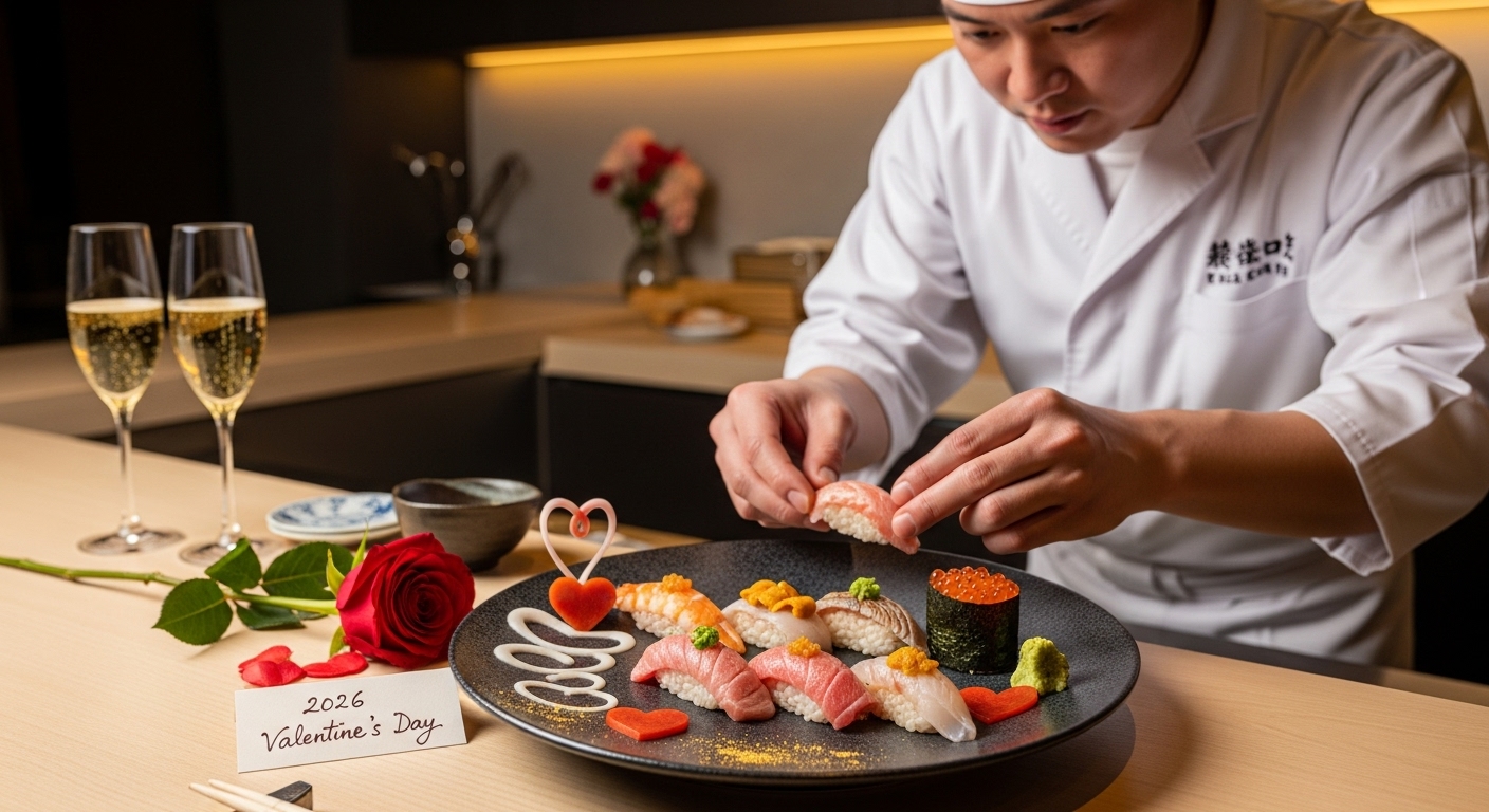 발렌타인데이를 위해 특별히 준비된 고급 스시 오마카세와 셰프의 정성스러운 서빙 장면