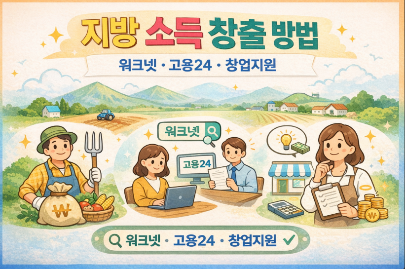지방에서 워크넷, 고용24, 창업지원을 통해 소득을 창출하는 방법을 시각적으로 정리한 안내용 이미지입니다.