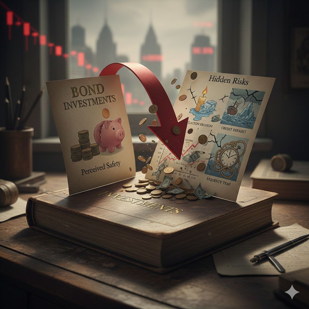 열린 오래된 책 위에 'BOND INVESTMENTS'라는 제목의 책이 서 있고, 붉은 화살표가 아래로 향하며 금화와 동전이 쏟아져 나오는 3D 효과. 책 옆에 'Hidden Risks'라는 표지가 있으며, 인플레이션 침식, 신용 디폴트, 유동성 함정 등의 일러스트(촛불 녹기, 깨진 얼음, 침몰하는 배 등)가 그려져 있다. 배경에 도시 스카이라인과 붉은 캔들스틱 차트가 보이는 극적인 금융 위험 표현.