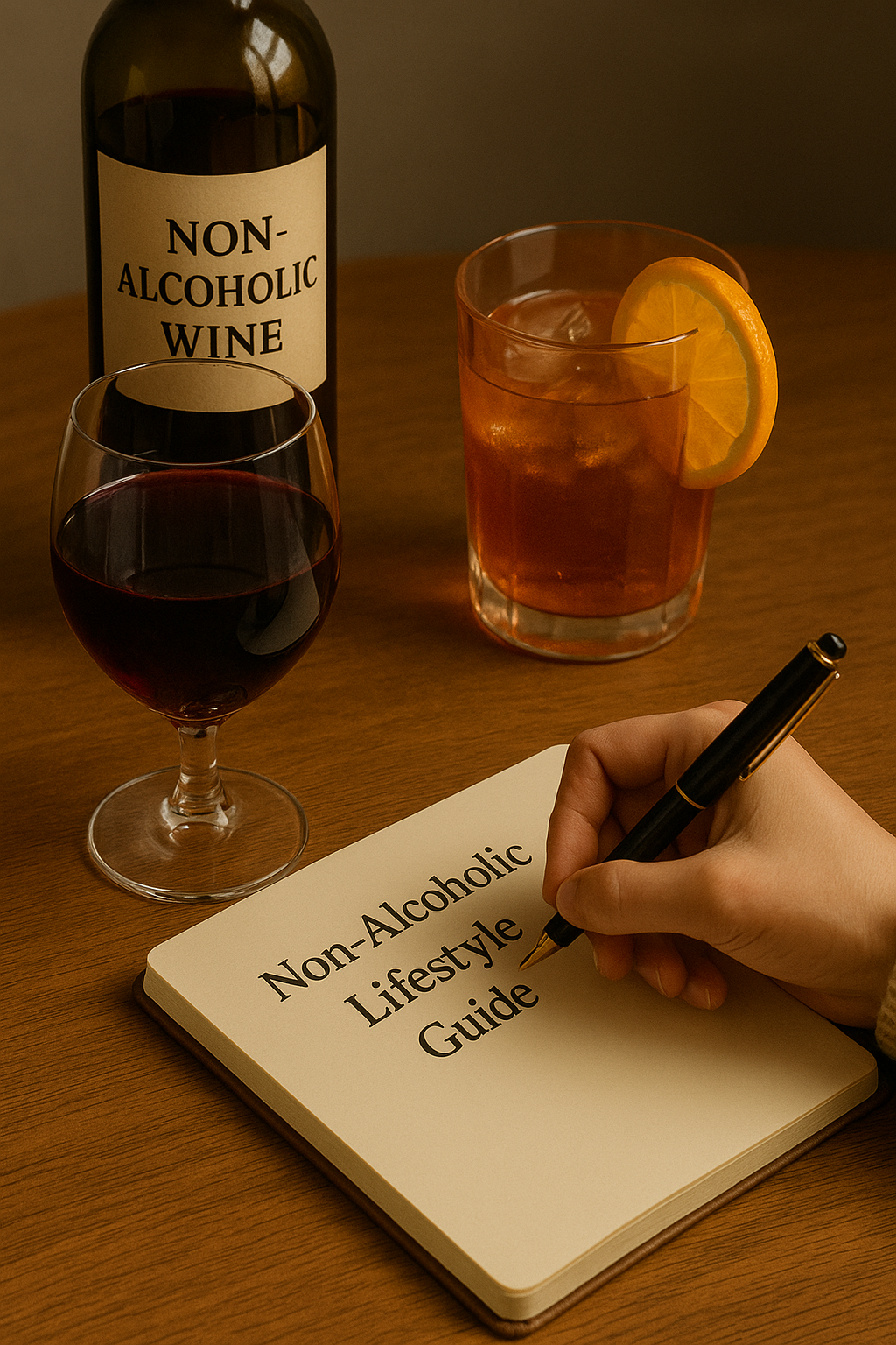 무알콜 와인과 감성 칵테일이 놓인 테이블 위에서, 한 사람이 노트에 무알콜 라이프스타일에 대한 글을 쓰고 있는 장면