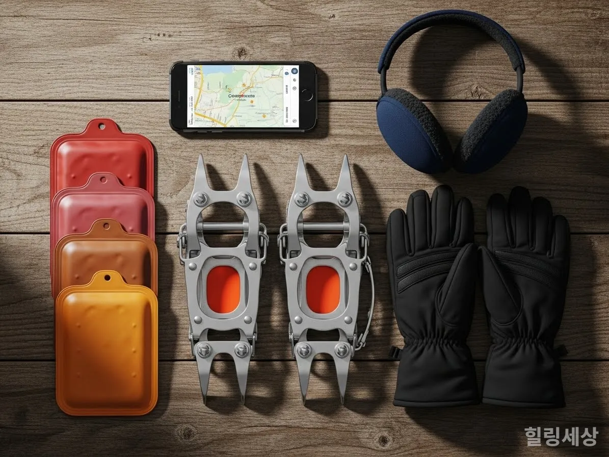 청송 얼음골 여행 필수 준비물인 아이젠, 핫팩, 장갑, 귀마개가 놓여 있는 모습