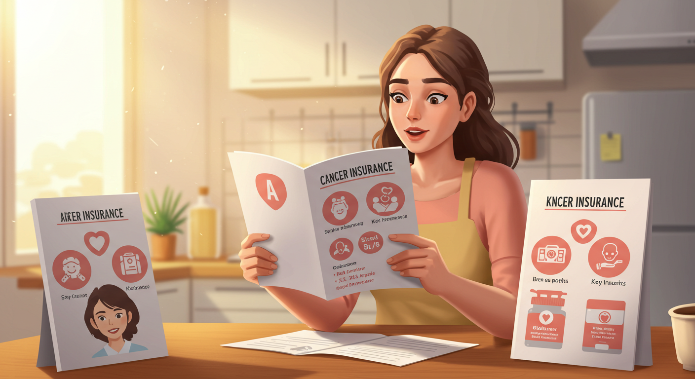 세 가지 암보험 상품을 비교하며 결정하는 주부