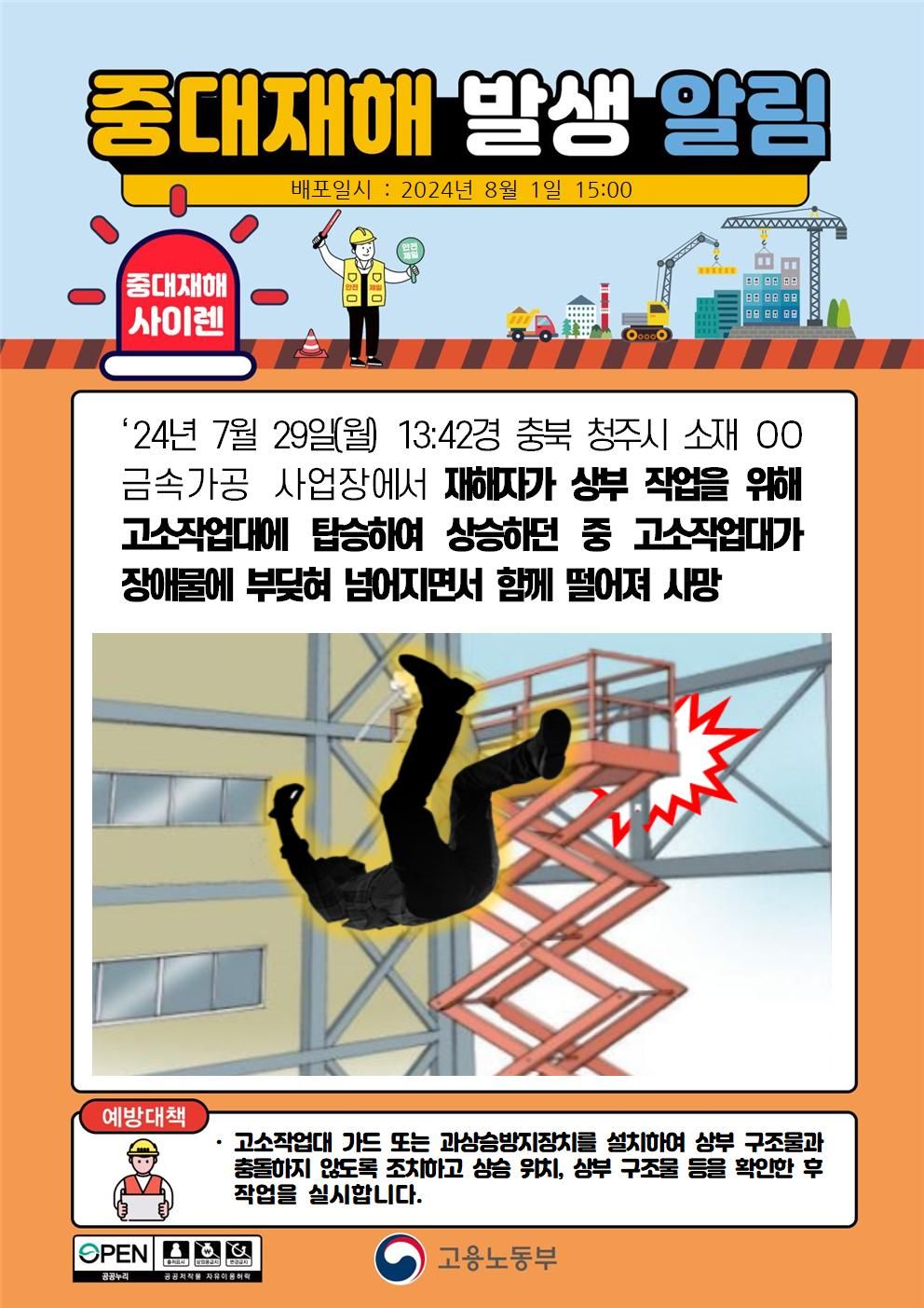 고소작업대에 탑승하여 상승하던 중 장애물에 부딪혀 떨어짐