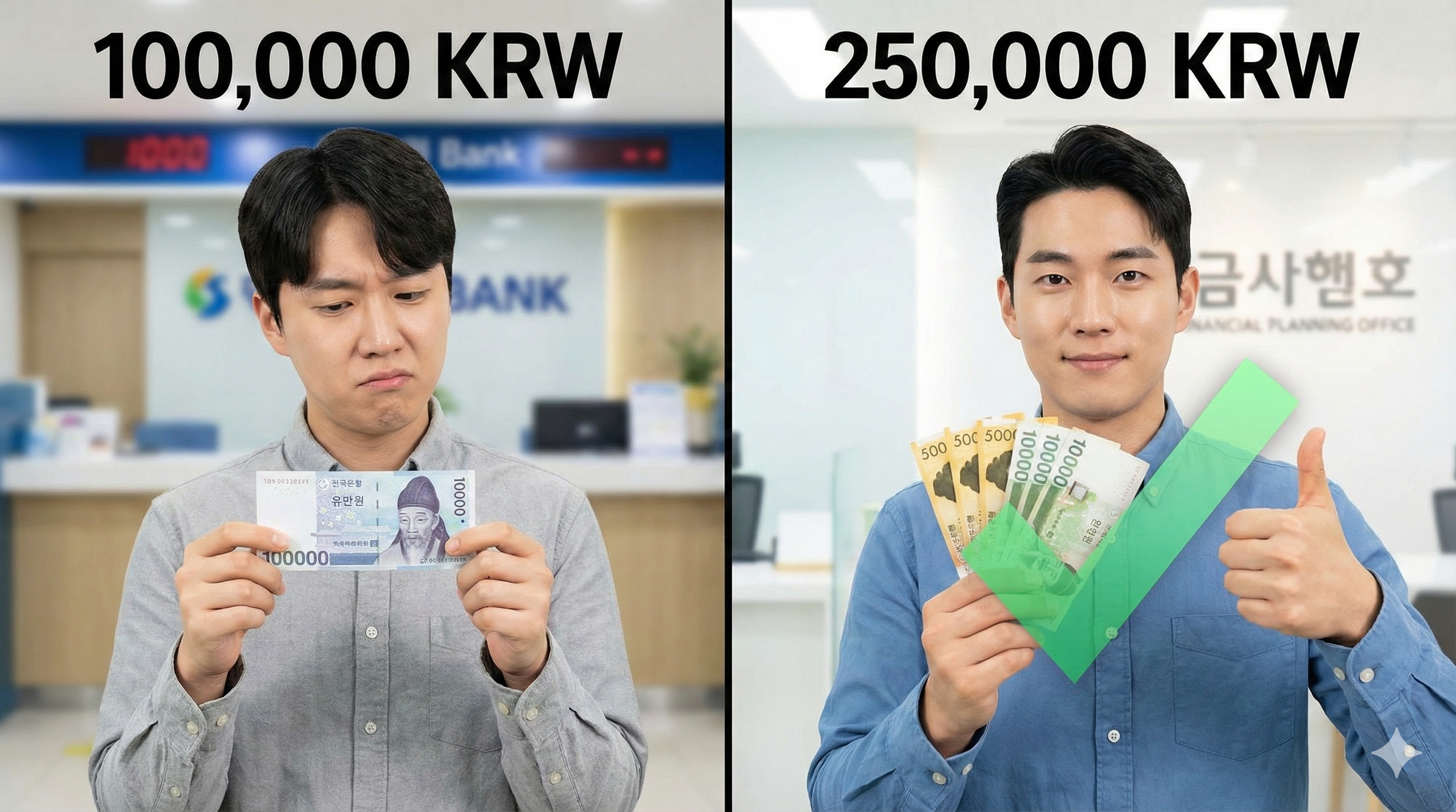 고민하는 표정으로 통장을 들고 있는 사람 vs 웃으며 25만 원을 넣는 사람 대비