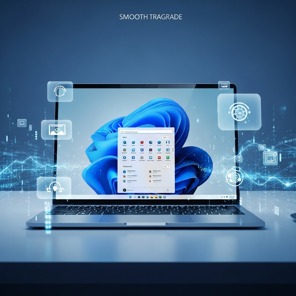 윈도우 11 데스크탑이 보이는 세련된 노트북과 디지털 업그레이드 효과. 윈도우 11 업그레이드의 성공적인 전환을 상징합니다.