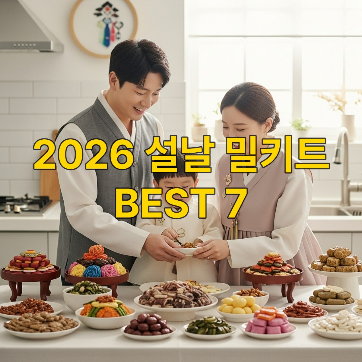 2026년 설날, 현대적인 주방에서 소가족이 지역 특색 밀키트로 간편하게 차례상을 준비하며 즐거워하는 모습.
