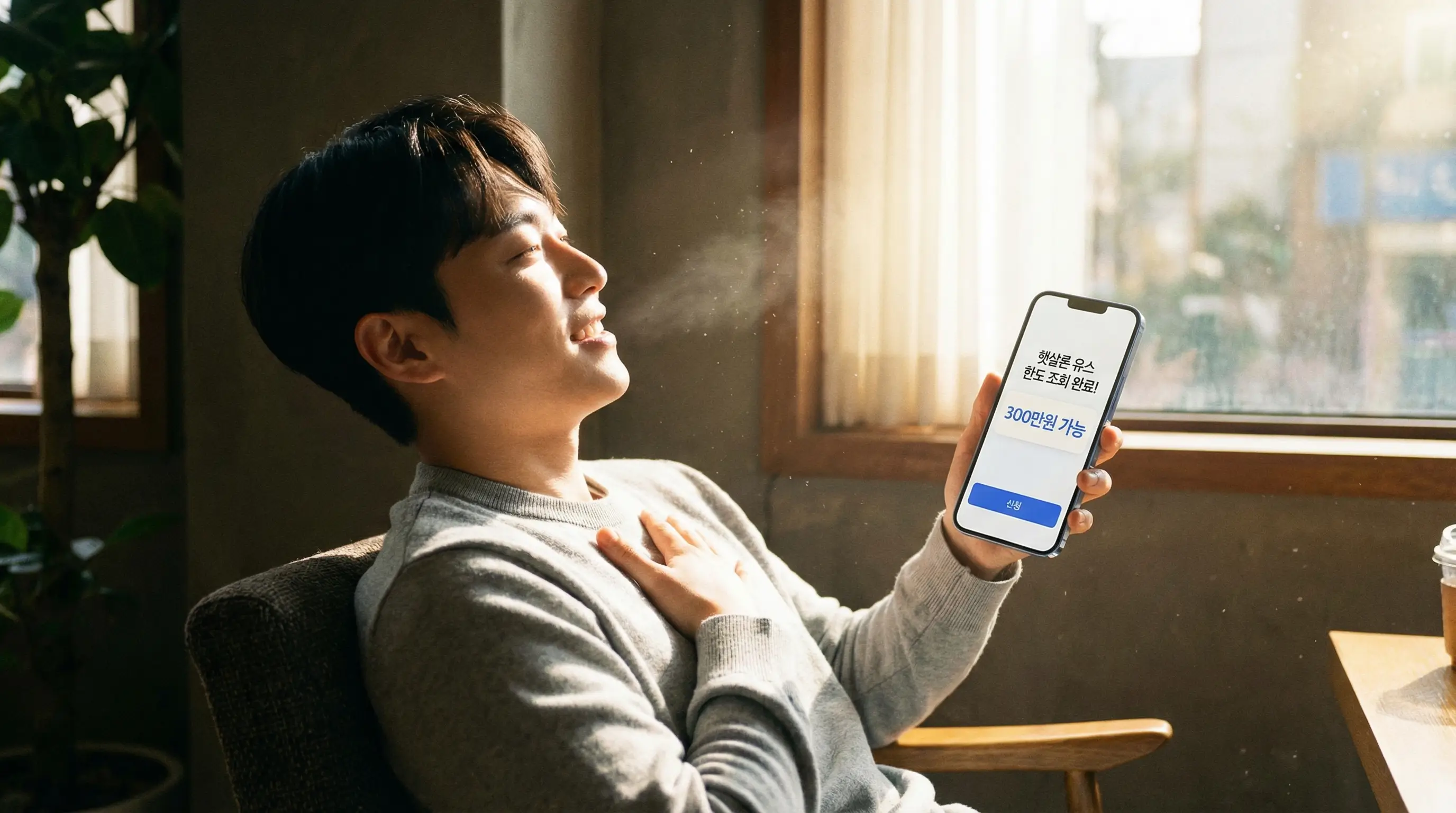 스마트폰 앱으로 간편하게 햇살론 유스 한도를 조회하고 자금 문제를 해결하여 안도하는 청년의 모습