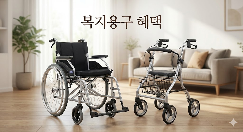어르신 생활 편의를 돕는 휠체어와 보행기 등 주요 복지용구 지원 혜택 이미지.