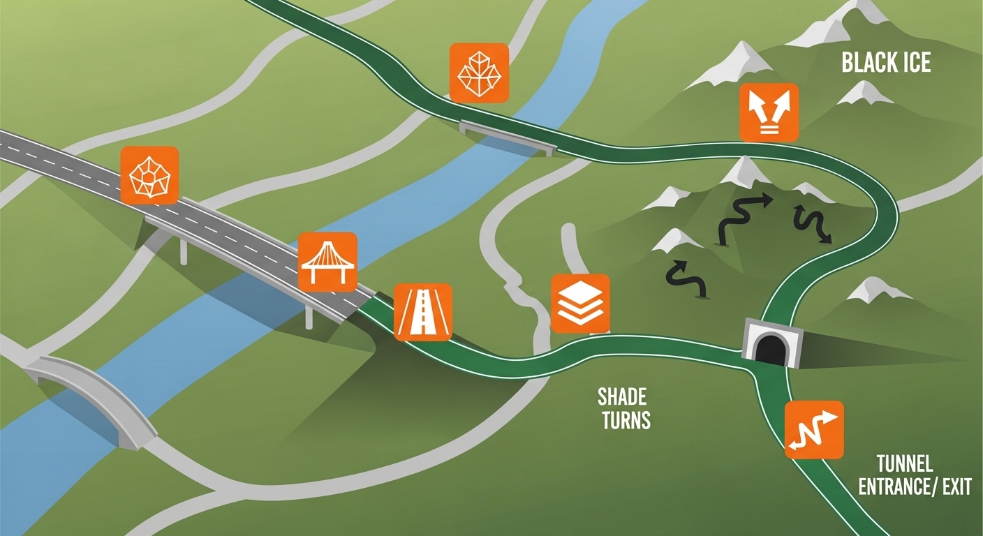 교량 위, 터널 입구, 그늘진 산모퉁이 등 블랙 아이스 발생 위험이 높은 도로 구간을 표시한 지도 또는 일러스트.