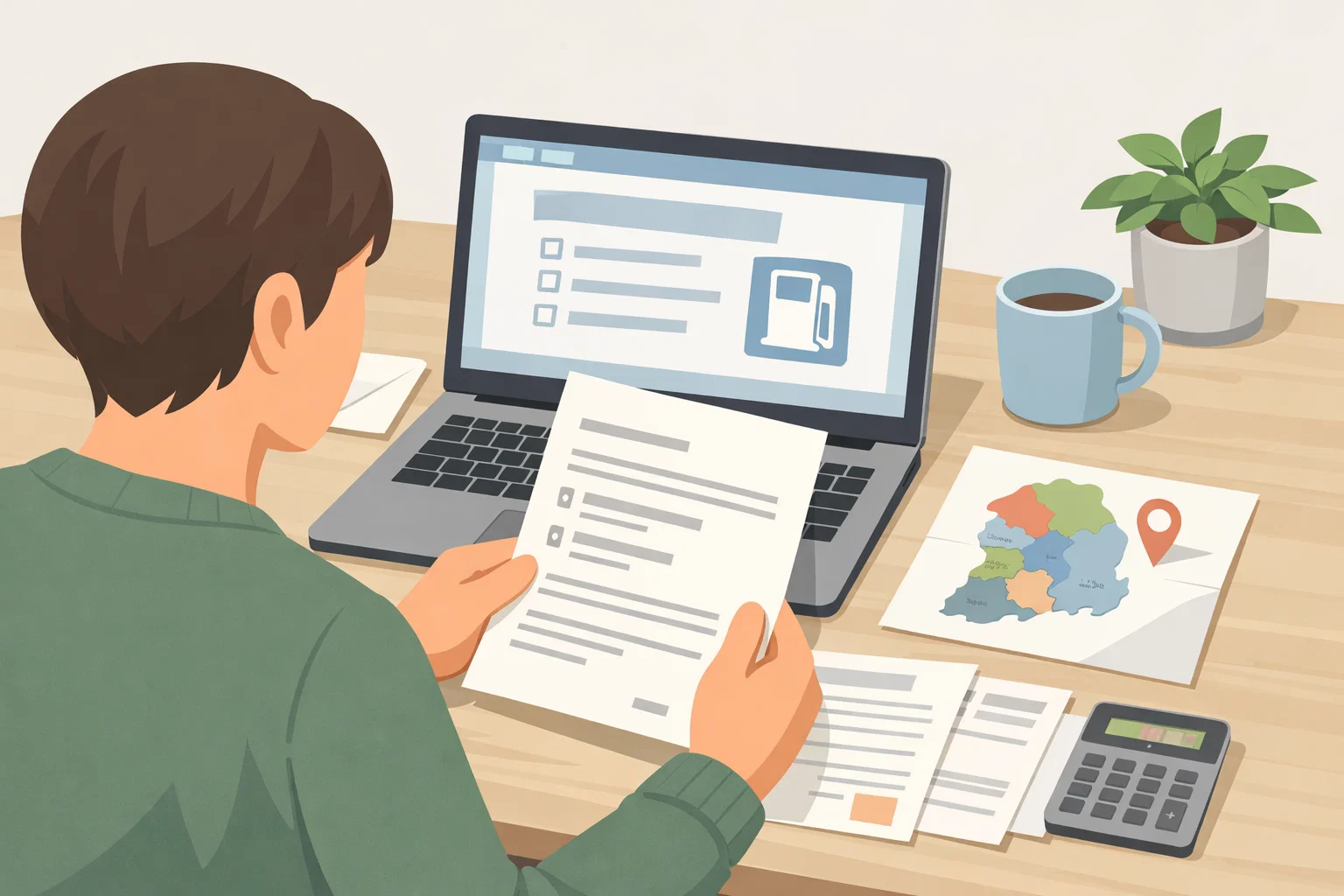 고유가 피해지원금 대상 여부를 확인할 때 안내문과 지역 정보, 생활비 부담 자료를 함께 보며 신청 전 기준을 점검하도록 돕는 이미지