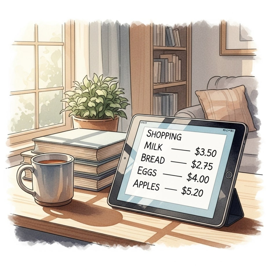 태블릿 PC에 정리된 깔끔한 지출 내역 리스트 장면