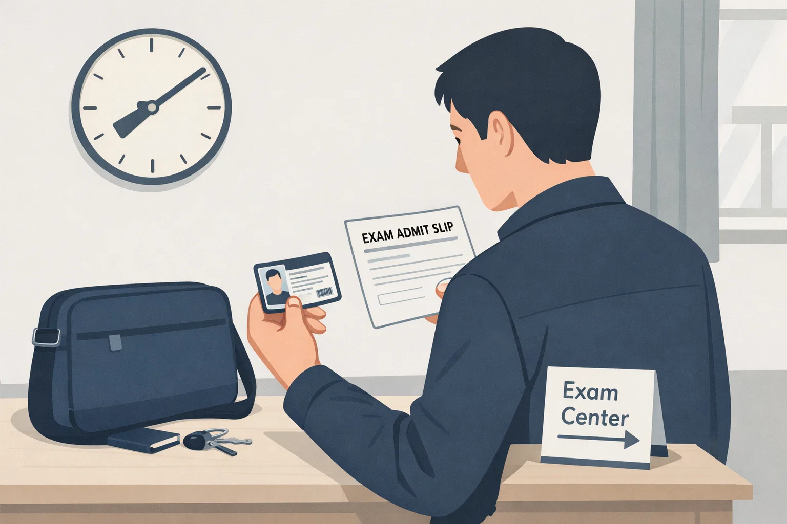 지게차운전기능사 필기시험 준비물로 신분증과 수험표를 직접 확인하며 입실 전 가져갈 물품과 시험장 안내를 다시 점검하도록 돕는 이미지