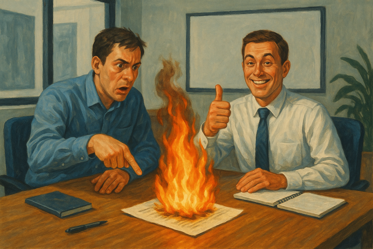 불이 났는데 긍정을 외치는 남자(우)와 불안한 남자(좌) 일러스트