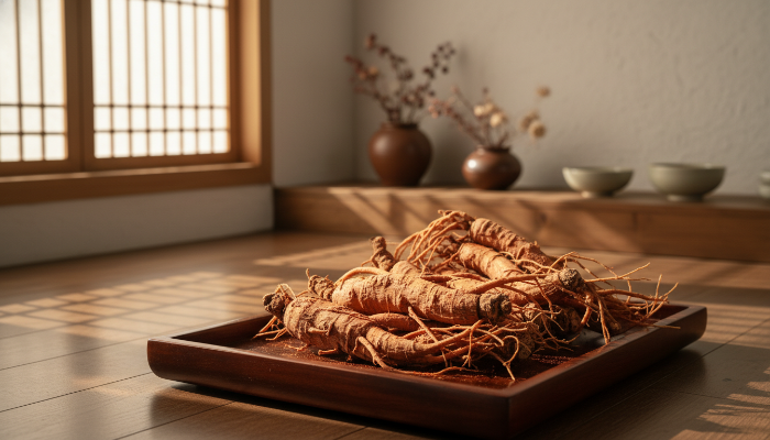전통 목제 쟁반 위에 놓인 고품질 6년근 홍삼 뿌리와 따뜻한 한옥 배경