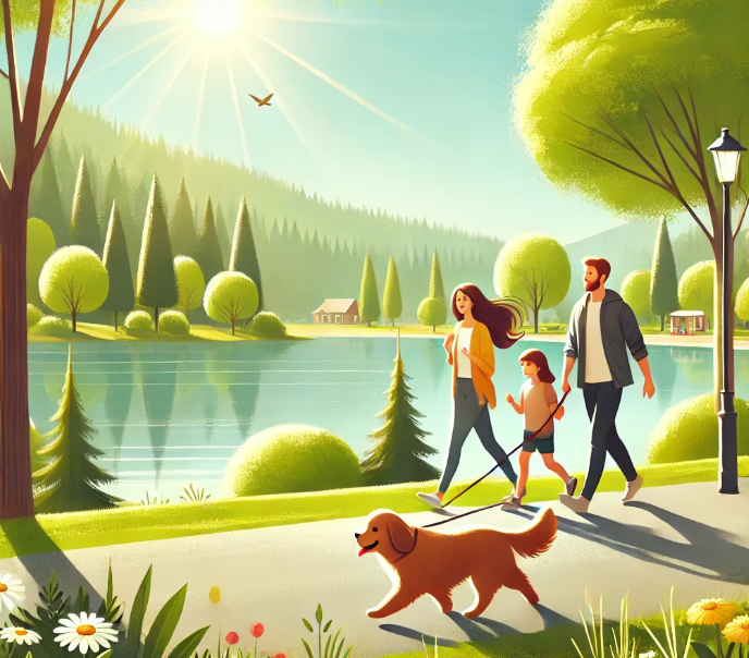 강아지와 산책하는 단란한 가족