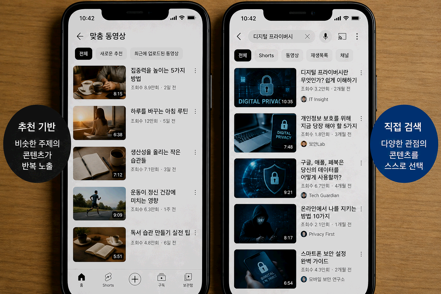 스마트폰 추천 기반 콘텐츠와 직접 검색 결과를 비교한 화면