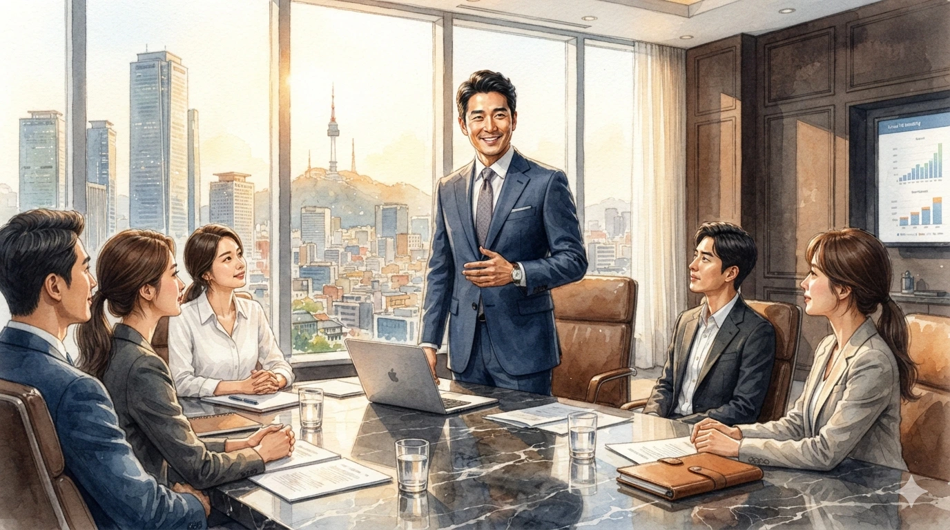 회의실의 중심에서 리더십을 발휘하는 한국인 남성의 수채화 이미지를 통해 장성살의 권위를 표현