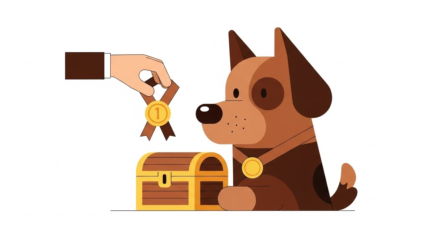 보물상자를 지키며 신의를 인정받아 메달을 받는 충직한 개 캐릭터 일러스트