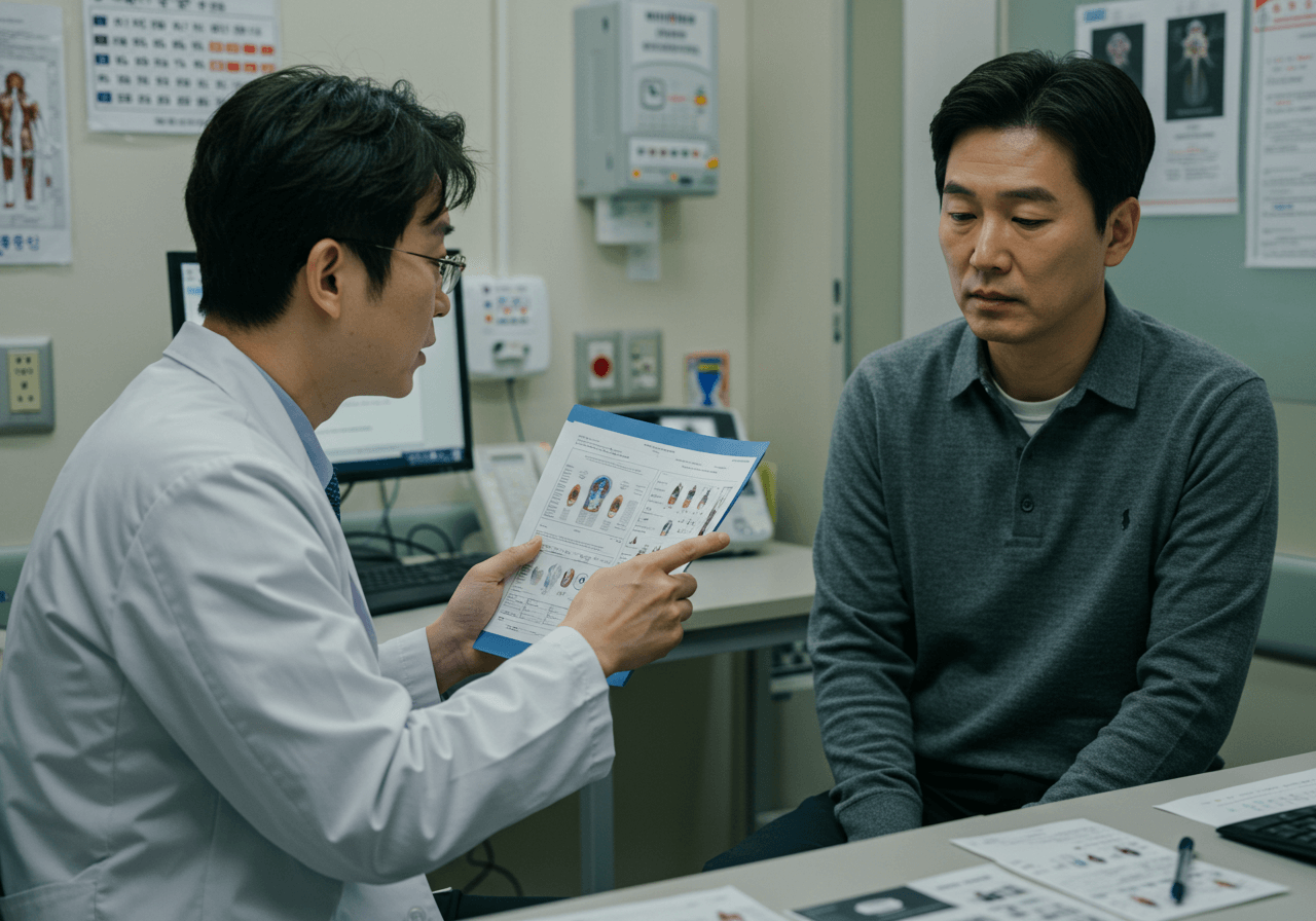 병원 진료실에서 의사와 마주 앉아 건강검진 결과를 상담받는 40대 한국인 남성
