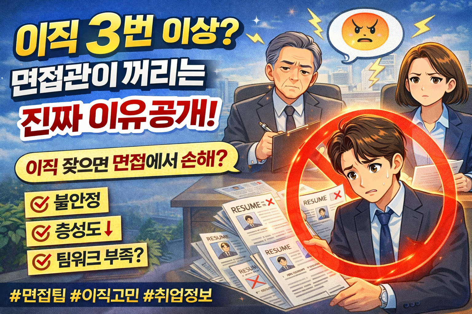 이직이 잦은 구직자가 면접에서 부정적인 평가를 받는 장면을 강조한 썸네일