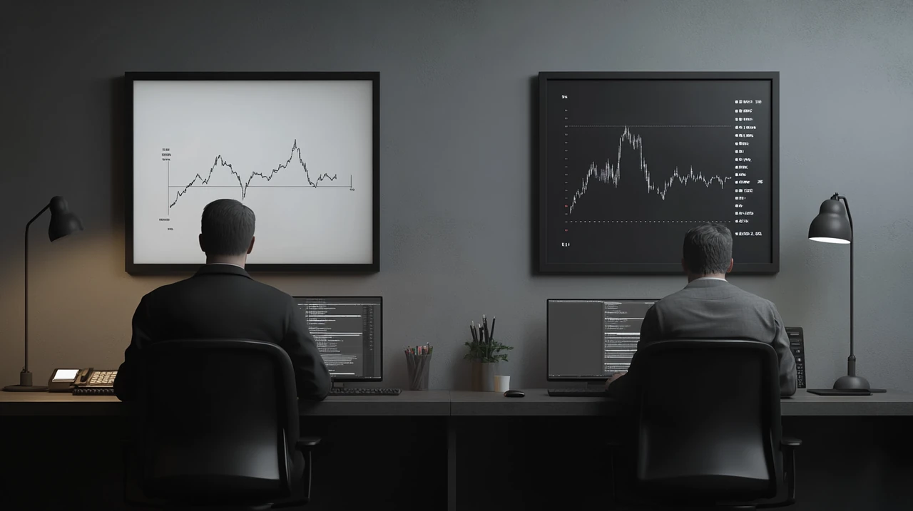 유럽 은행 본사와 테크 기업 사무실에서 투자자가 증시 하락과 가격 변동에 주목하는 모습, ECB 금리 인상, 유럽 증시, 업종별 주가 변동, 투자 심리, 위험 자산 분포를 보여주는 대비가 강한 장면