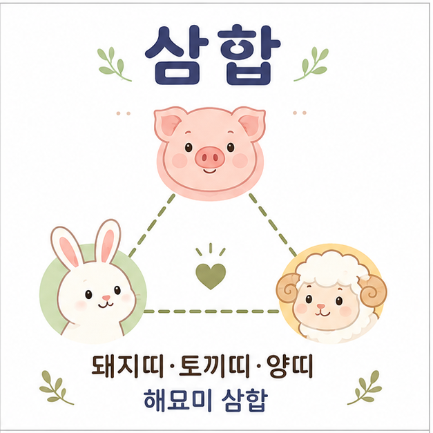 돼지띠와 토끼띠, 양띠가 해묘미 삼합 관계로 묶이는 전통적인 띠 궁합을 설명한 이미지