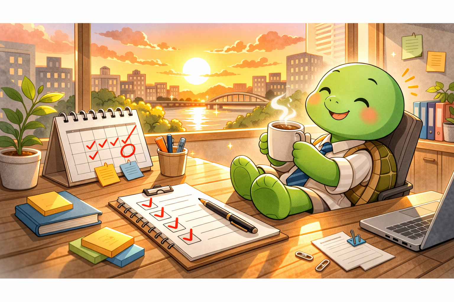 거래처 납기 요청 영어 표현 5가지 - 거북이 캐릭터가 달력에 빨간 동그라미를 치며 We need it by Friday 말풍선을 띄우고 있는 쉼프학당 어른의 영어 썸네일