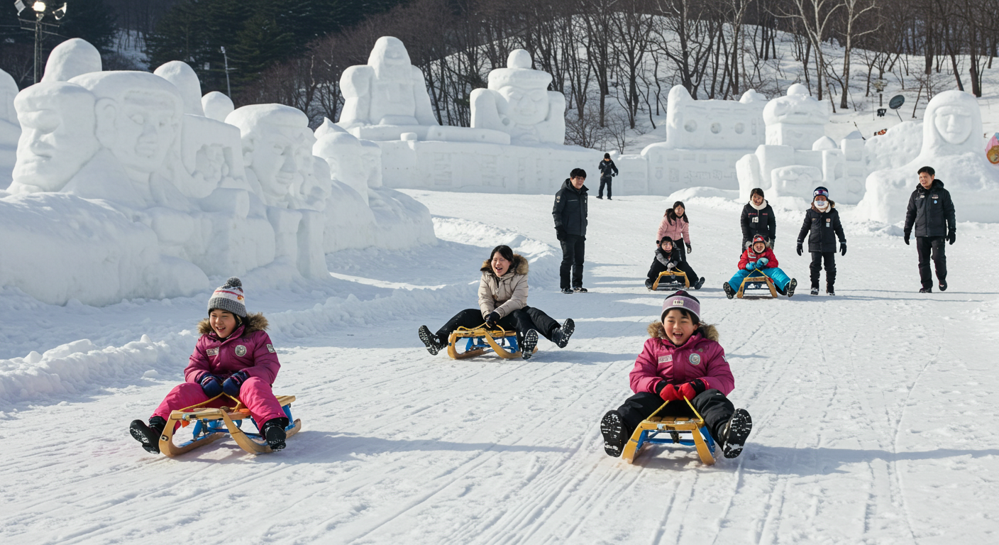 태백산 눈꽃 축제에서 한국인들이 전통 눈썰매를 즐기는 모습