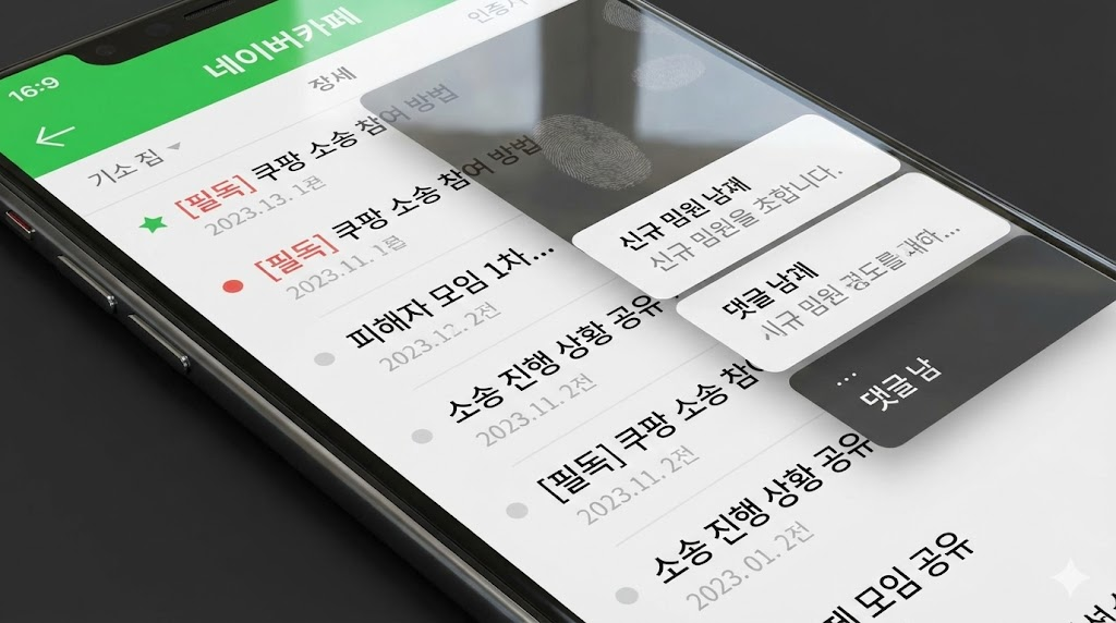 스마트폰 화면에 네이버 카페 앱이 실행된 모습입니다. '[필독] 쿠팡 소송 참여 방법', '피해자 모임 1차...'와 같은 관련 글 목록이 보이며, 화면 상단에는 실시간 알림이 팝업으로 계속해서 나타나고 있습니다. 화면의 지문 자국 등 현실적인 디테일을 통해 온라인 커뮤니티의 뜨거운 반응을 생생하게 표현했습니다.