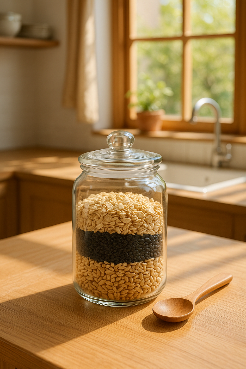 봄 햇살이 드는 주방, 잡곡을 담은 투명한 유리병과 나무 스