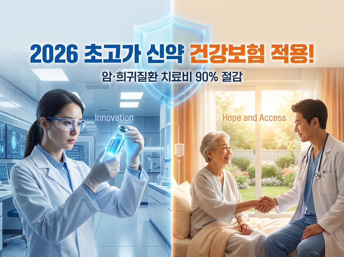 2026년 초고가 신약 건강보험 적용 확대 안내. 실험실 연구와 병원 환자 이미지. 암&middot;희귀질환 치료비 90% 절감 방법 정보.