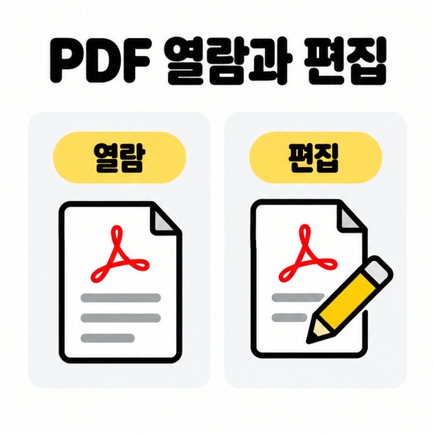 PDF 열람과 PDF 편집에 필요한 기능을 나누어 설명한 비교 도식