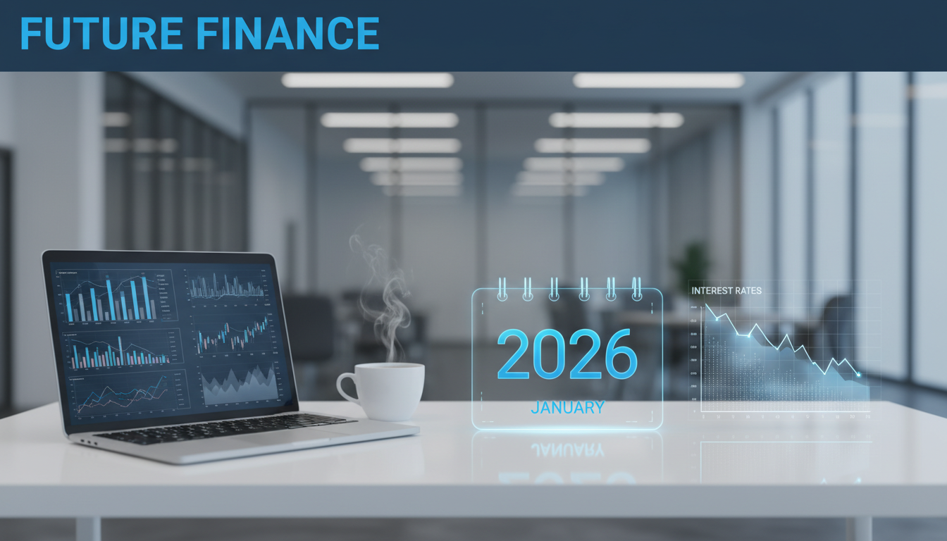 2026년 달력과 완만한 하락세를 보이는 금리 그래프가 있는 책상 위의 노트북과 커피