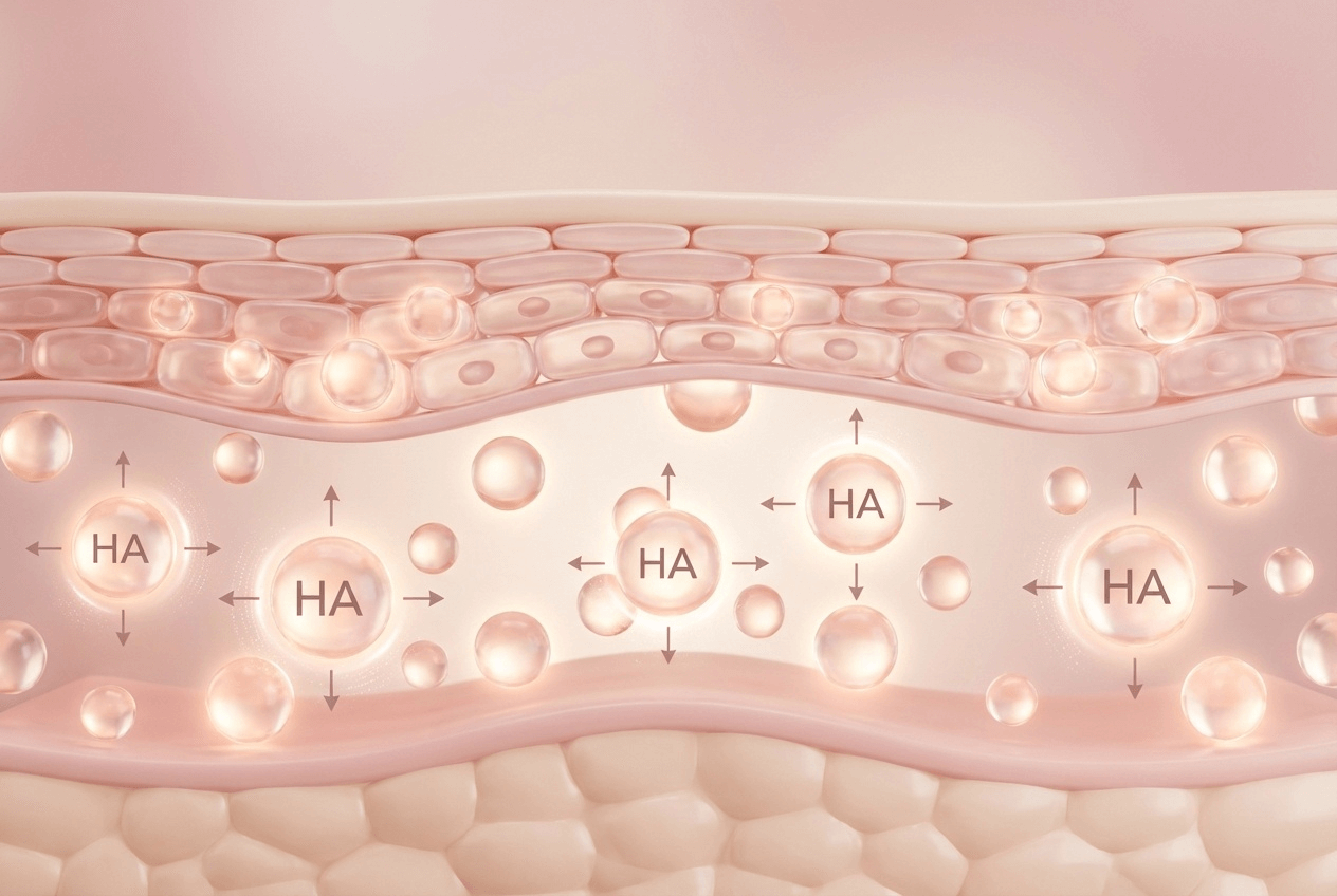 히알루론산이 피부층 사이에 수분을 채워주는 과정을 시각적으로 보여주는 보습 그래픽