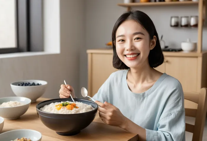 스케일링 후 죽을 먹으며 미소 짓는 모습